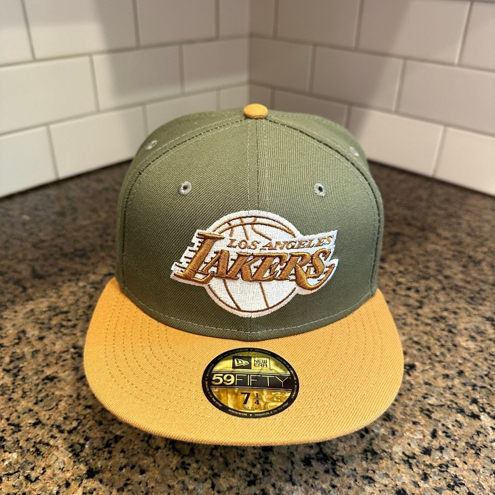 Los Angeles Lakers New Era 59FIFTY Hat Men's 7 1/4 Olive Gold NBA Fitted New
